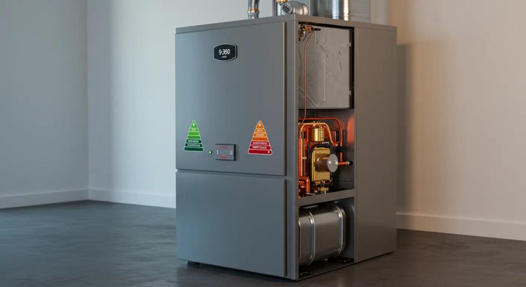 High-efficiency furnace unit with clear symbols indicating energy savings and AFUE ratings