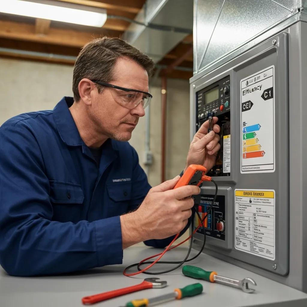 Technician inspecting a high-efficiency furnace to highlight efficiency ratings