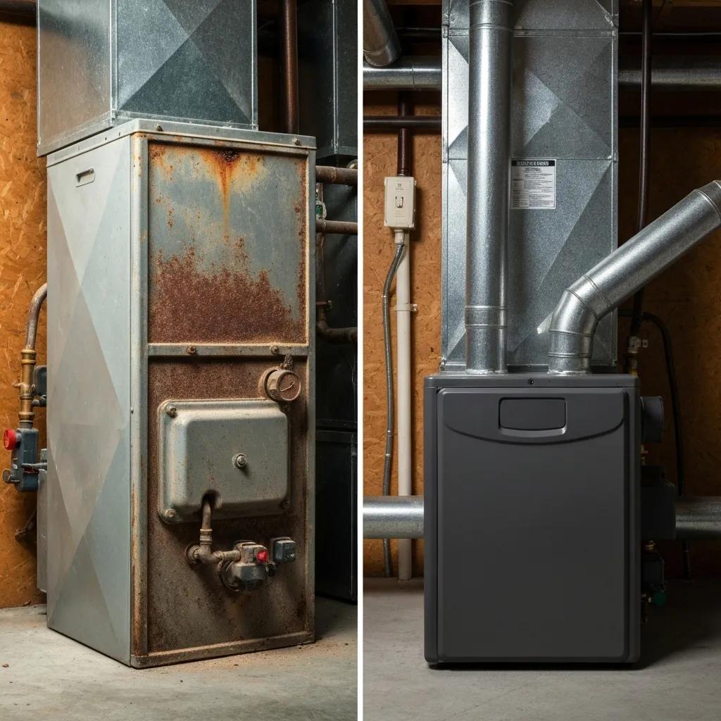 Understand Your Furnace Maintenance Cost: Important Factors 2 Old worn furnace next to a new modern furnace in a utility closet